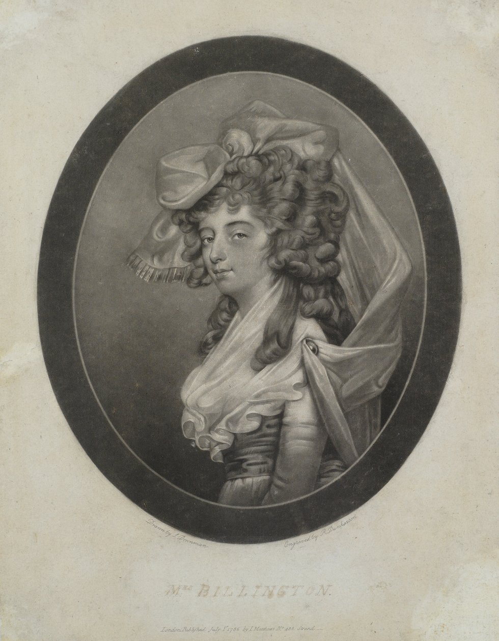 Mrs. Billington, kaiverrus Robert Dunkarton (1744-n. 1811), 1786 (mezzotint) tekijältä John Downman
