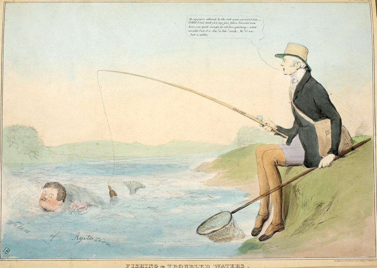 Kalastus Troubled Waterissa, pubi. 1832 (käsinvärinen etsaus) tekijältä John Doyle