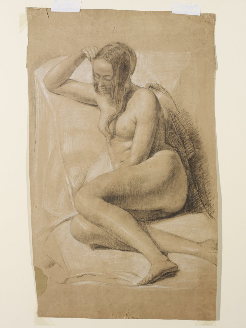 Istuva nainen alastonkuva, 1847 (musta ja valkoinen liitu ruskealla paperilla) tekijältä John Everett Millais