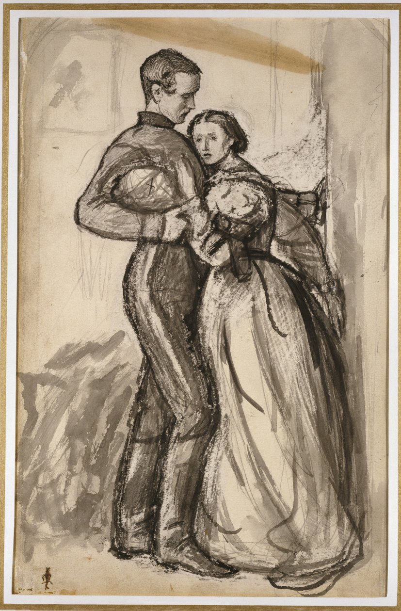 Tutkimus The Black Brunswickerille, 1859 (musta ja harmaa akvarelli grafiitin päällä vaalean kermanvärisellä paperilla) tekijältä John Everett Millais