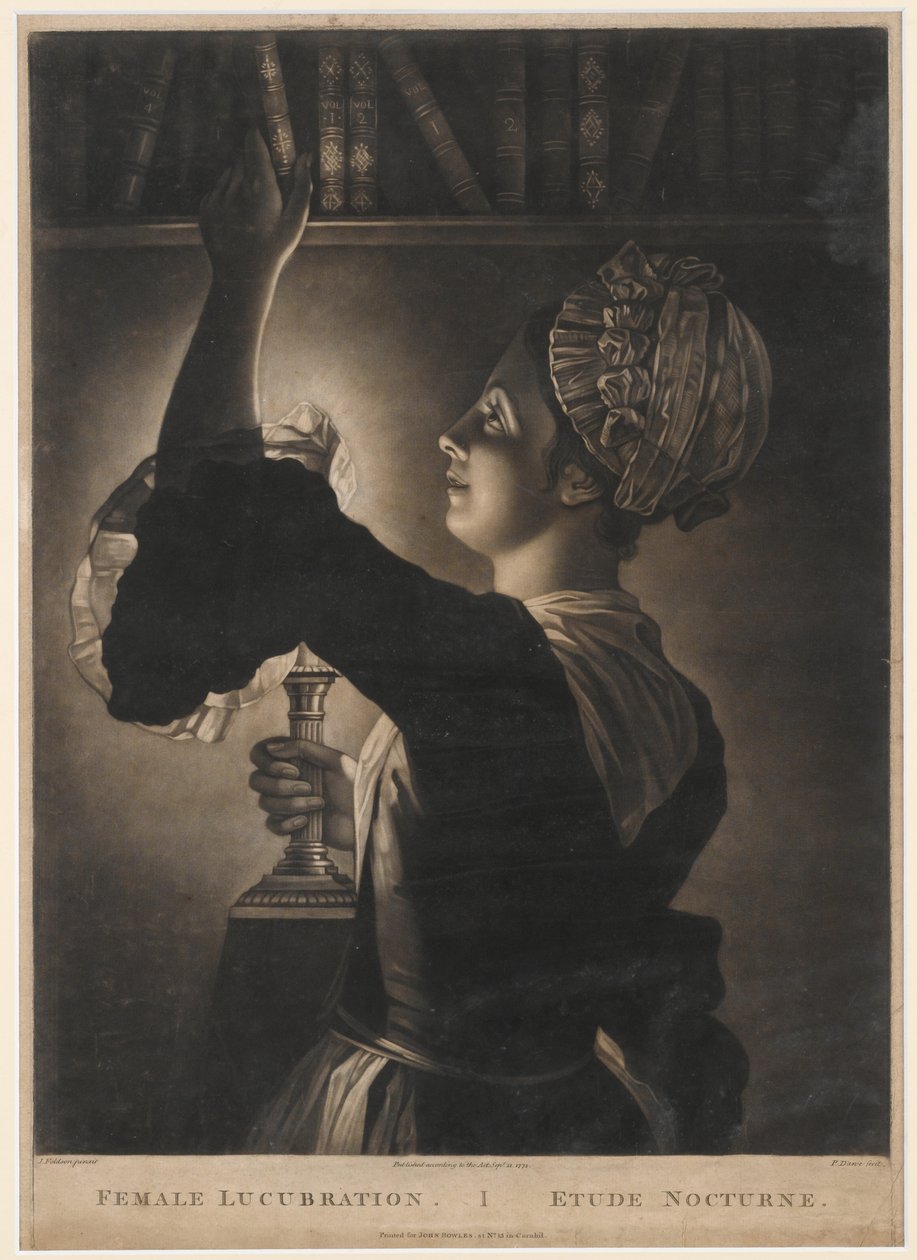 Female Lucubration, print Philip Dawe, 1772 (mezzotint) tekijältä John Foldson