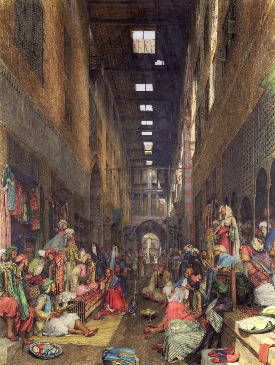 Bazaar, Kairo, 1872 (wc ja vartaloväri paperilla) tekijältä John Frederick Lewis
