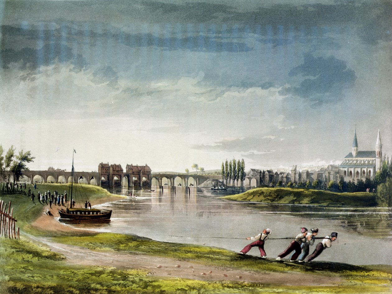 Poissy, "Views on the Seine", kaiverrettu Thomas Sutherland (s.1785), julkaissut R. Ackermann (1764-1834) 1821 tekijältä John Gendall