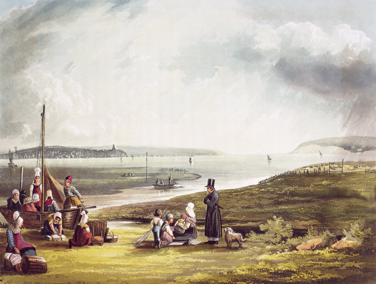 Quillebeuf, teoksesta Views on the Seine, kaiverrus Thomas Sutherland (s.1785), julkaissut R. Ackermann (1764-1834) 1821 tekijältä John Gendall