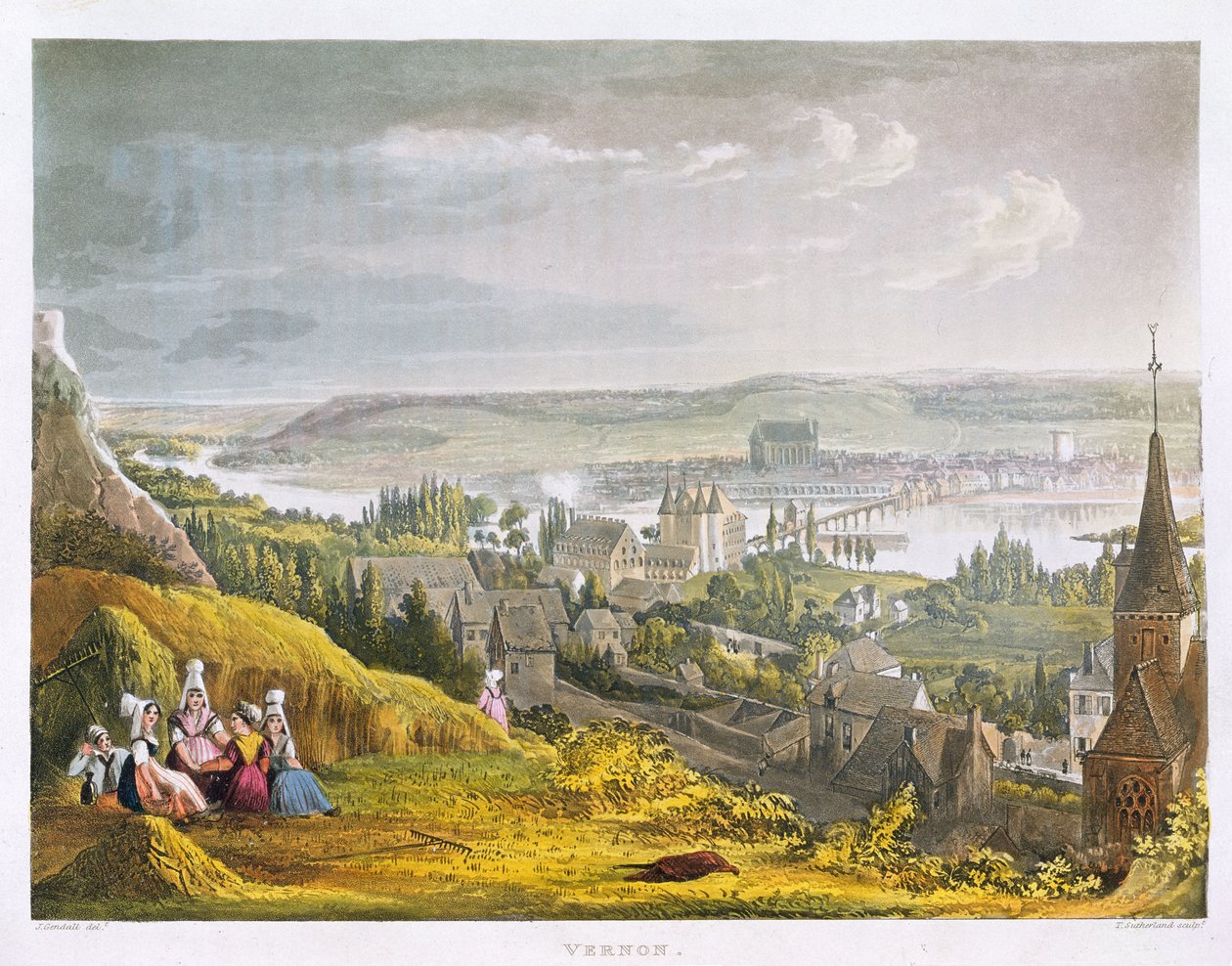 Vernon, teoksesta "Views on the Seine", kaiverrettu Thomas Sutherland (s.1785), julkaissut R. Ackermann (1764-1834) 1821 tekijältä John Gendall