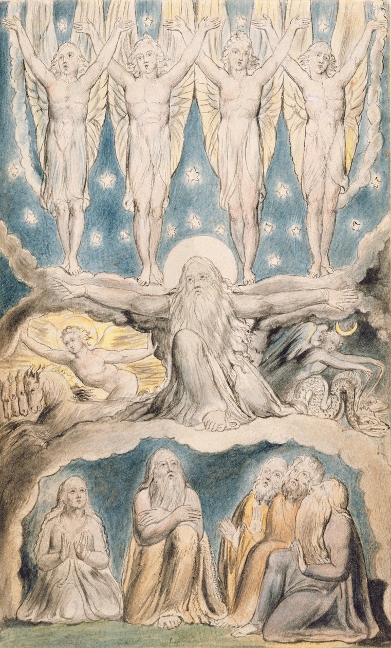 Luominen, sivu 14 teoksesta "Illustrations of the Book of Job" William Blaken (1757-1827) mukaan, n.1823 (tussi ja tussi ja pesu paperille). tekijältä John Linnell