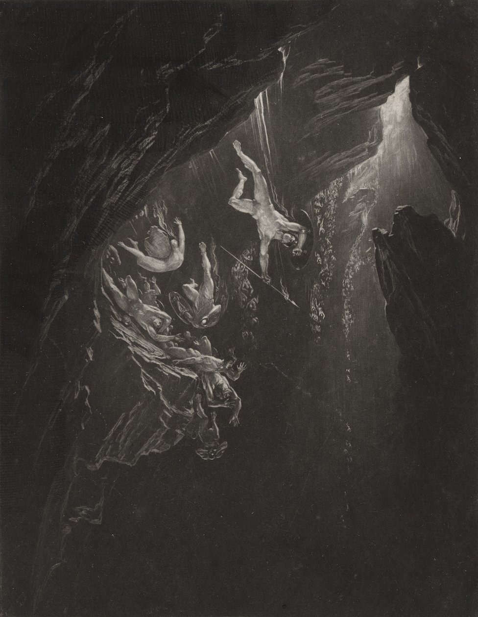 The Fall of the Rebel Angels, noin 1827 (mezzotint) tekijältä John Martin