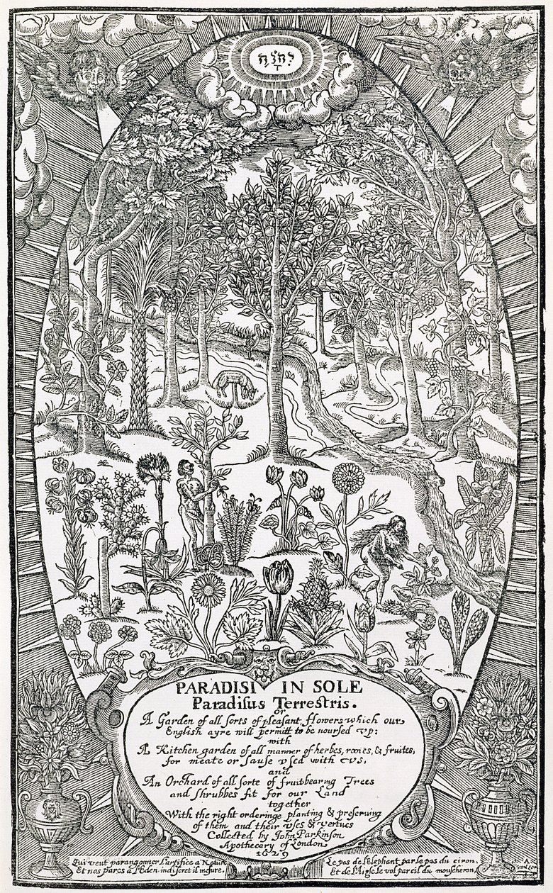 Otsikkosivu Paradisi Solelta; Paradisus Terrestris, 1629 tekijältä John Parkinson