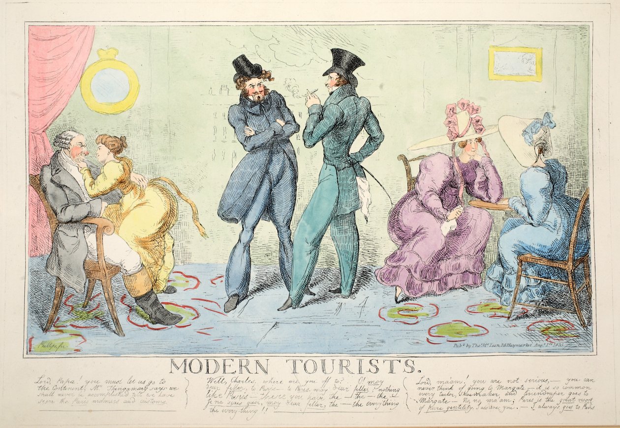 Modern Tourists, pub. 1835 (käsin väritetty kaiverrus) tekijältä John Phillips