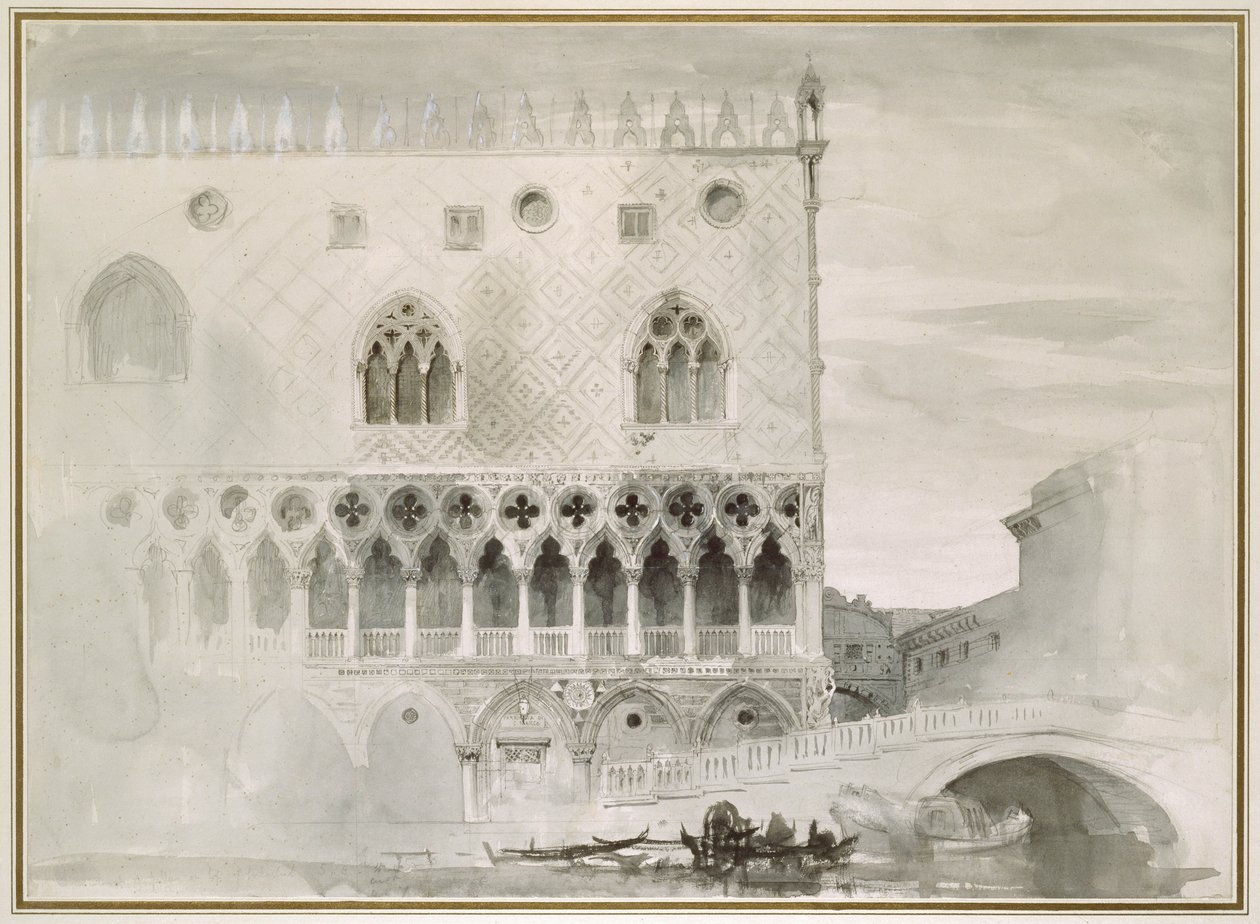 Ducal Palacen ulkopuoli, Venetsia, 1800-luku (kynä, muste ja pesu paperille) tekijältä John Ruskin