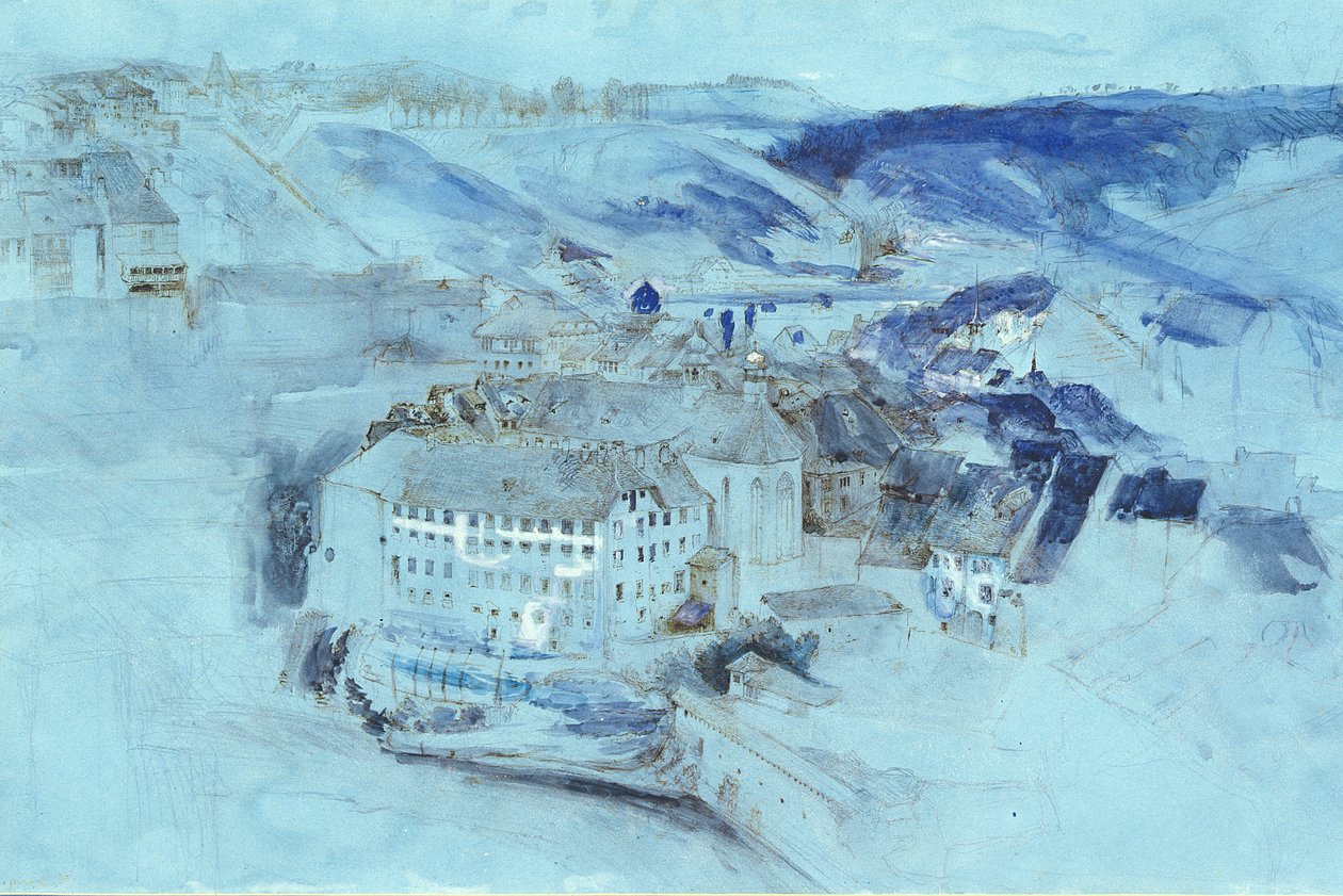 Fribourg (wc ja guassi sinisellä paperilla) tekijältä John Ruskin