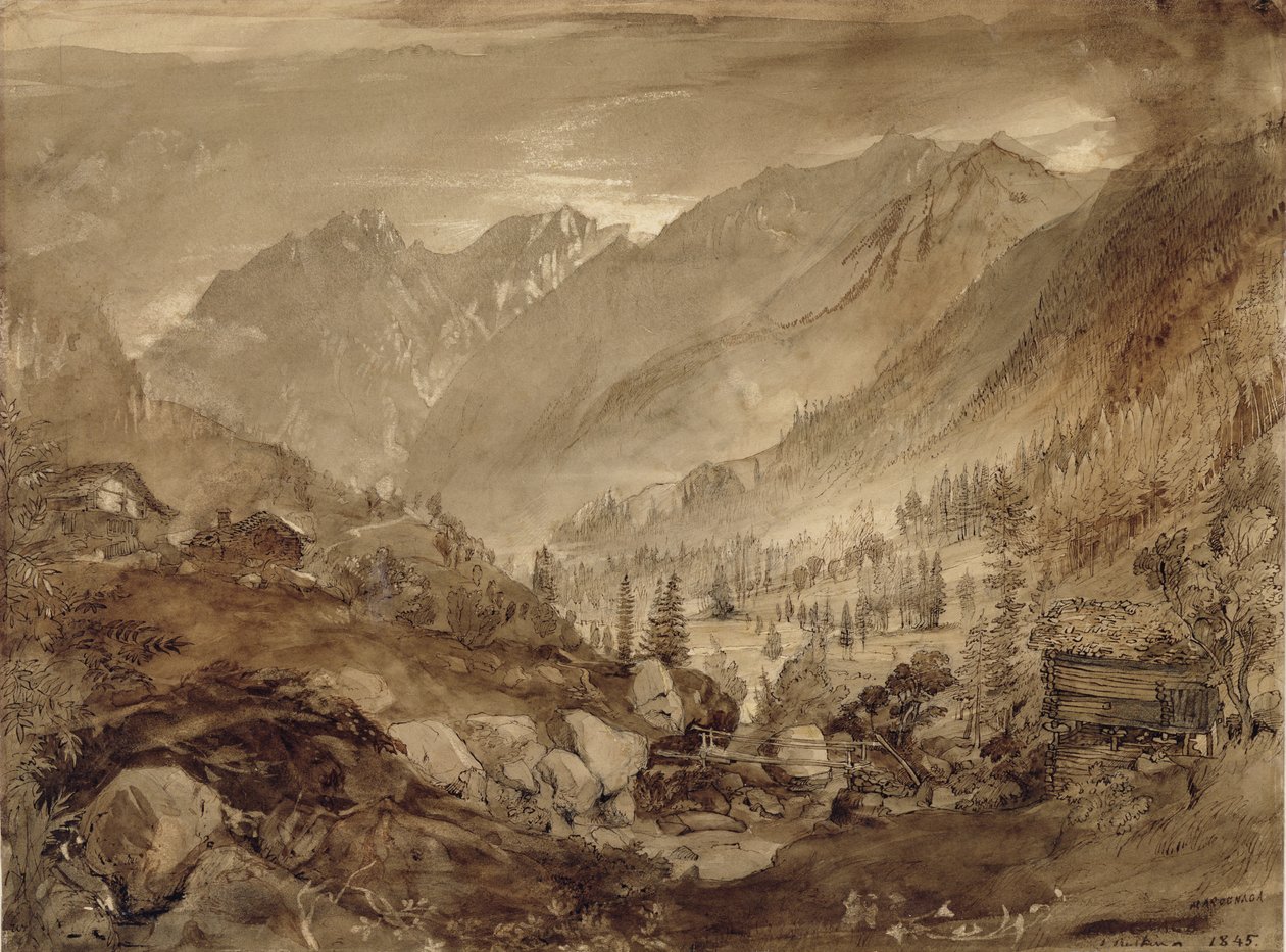 Vuoristomaisema, Macugnaga, 1845 (kynä ja ruskea muste ja pesu kynällä paperilla) tekijältä John Ruskin