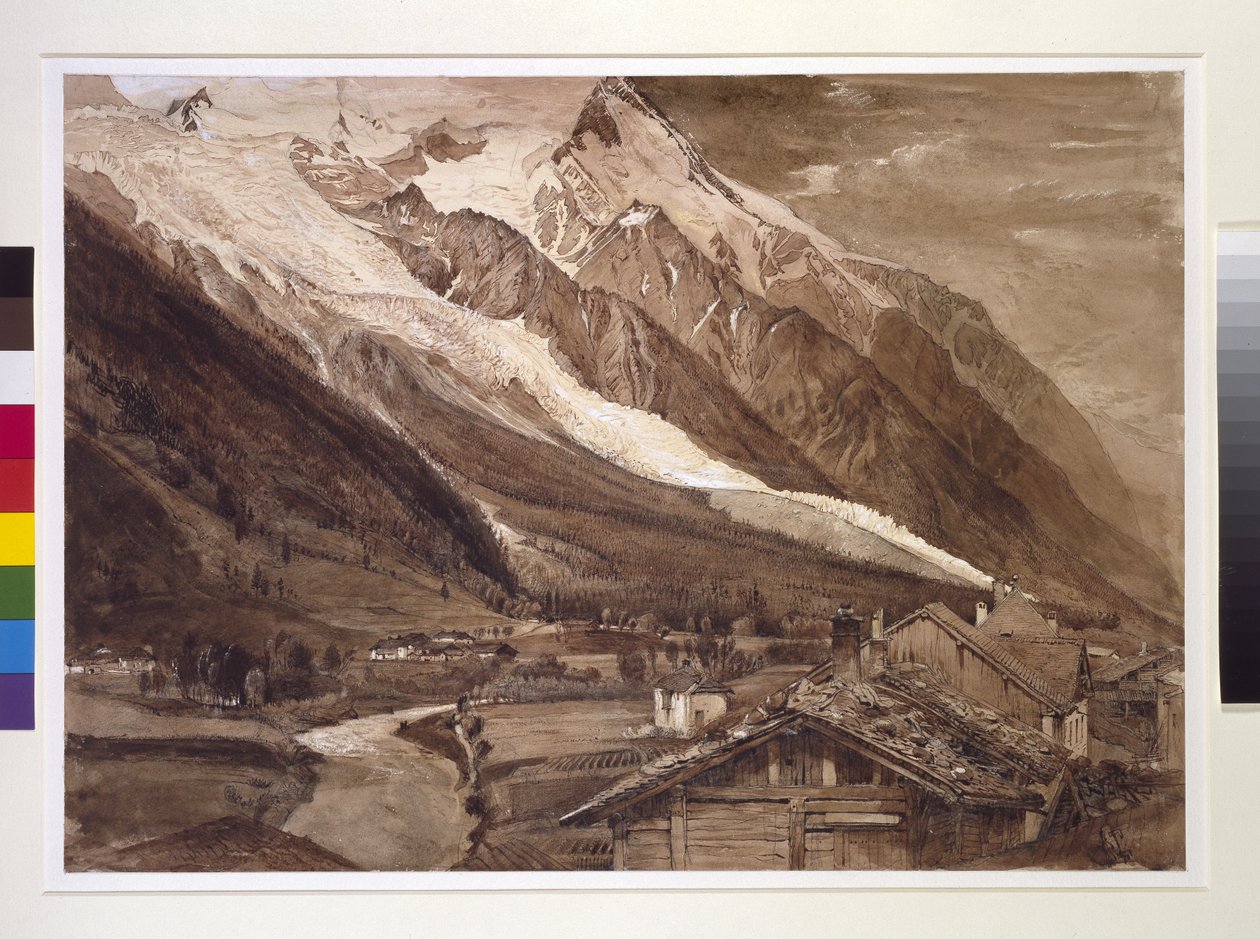 Recto: Glacier des Bossons, Chamonix, kesäkuu 1849 (kynä ja pesu seepiamusteella ja vartaloväri, grafiitin päällä kudottupaperilla) tekijältä John Ruskin