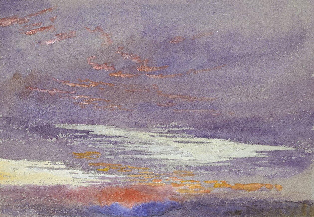 Study of Dawn: Purple Clouds, maaliskuu 1868 (vesiväri ja vartaloväri haaleilla grafiittiviivoilla siniharmaalla paperilla) tekijältä John Ruskin