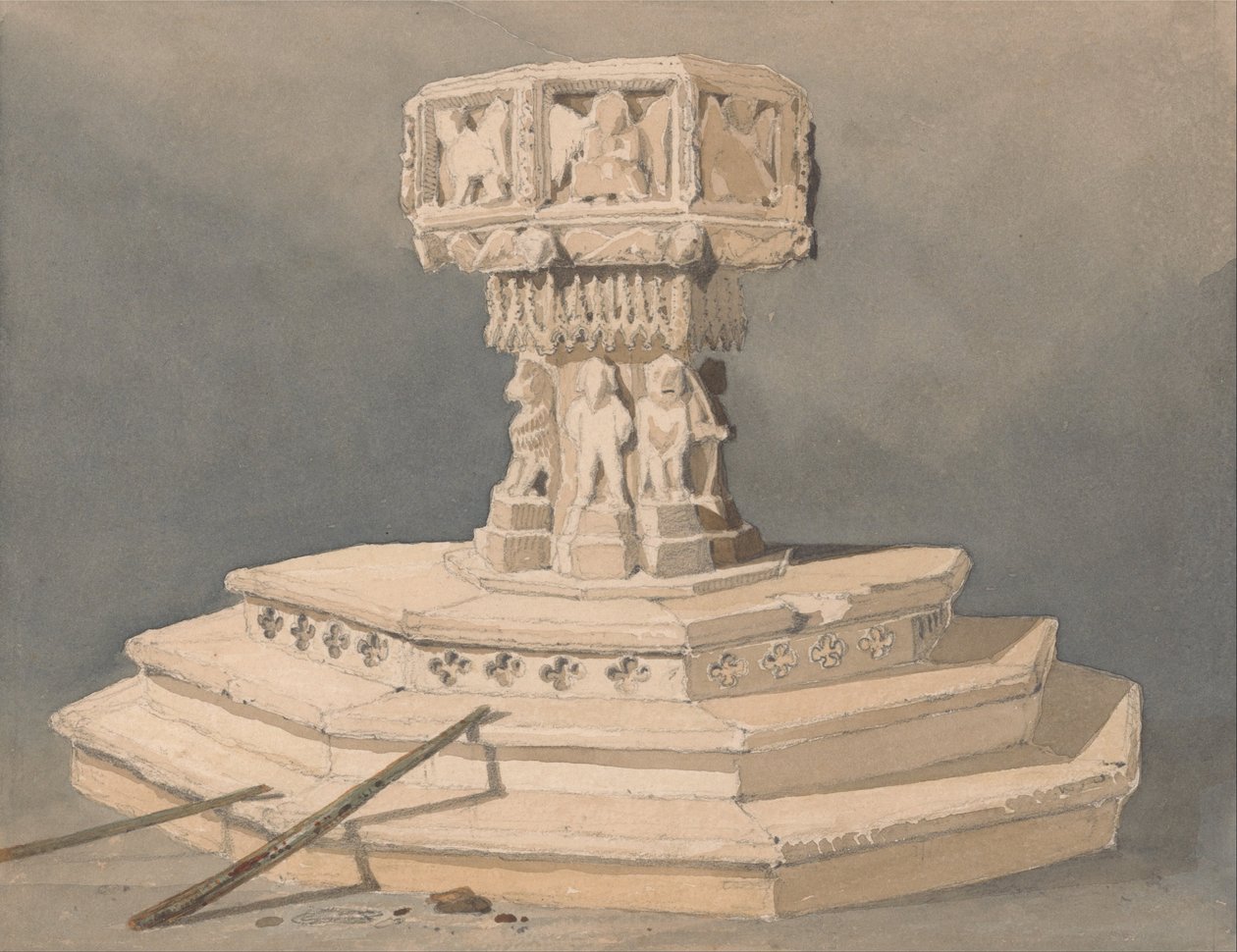 Fontti Happisburghin kirkossa, Norfolk tekijältä John Sell Cotman