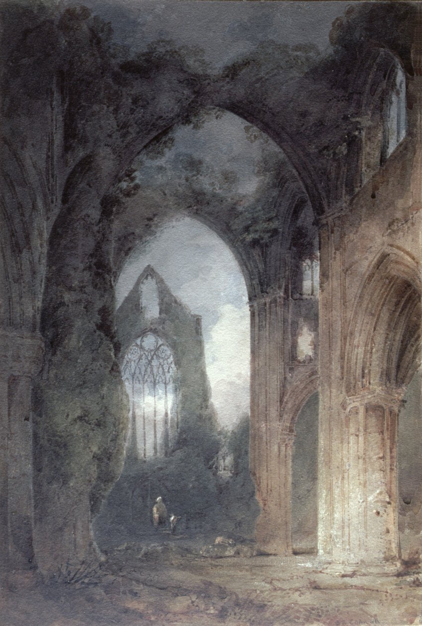 Moonlightin Tintern Abbey (kynä ja ruskea muste ja wc paperilla) tekijältä John Sell Cotman
