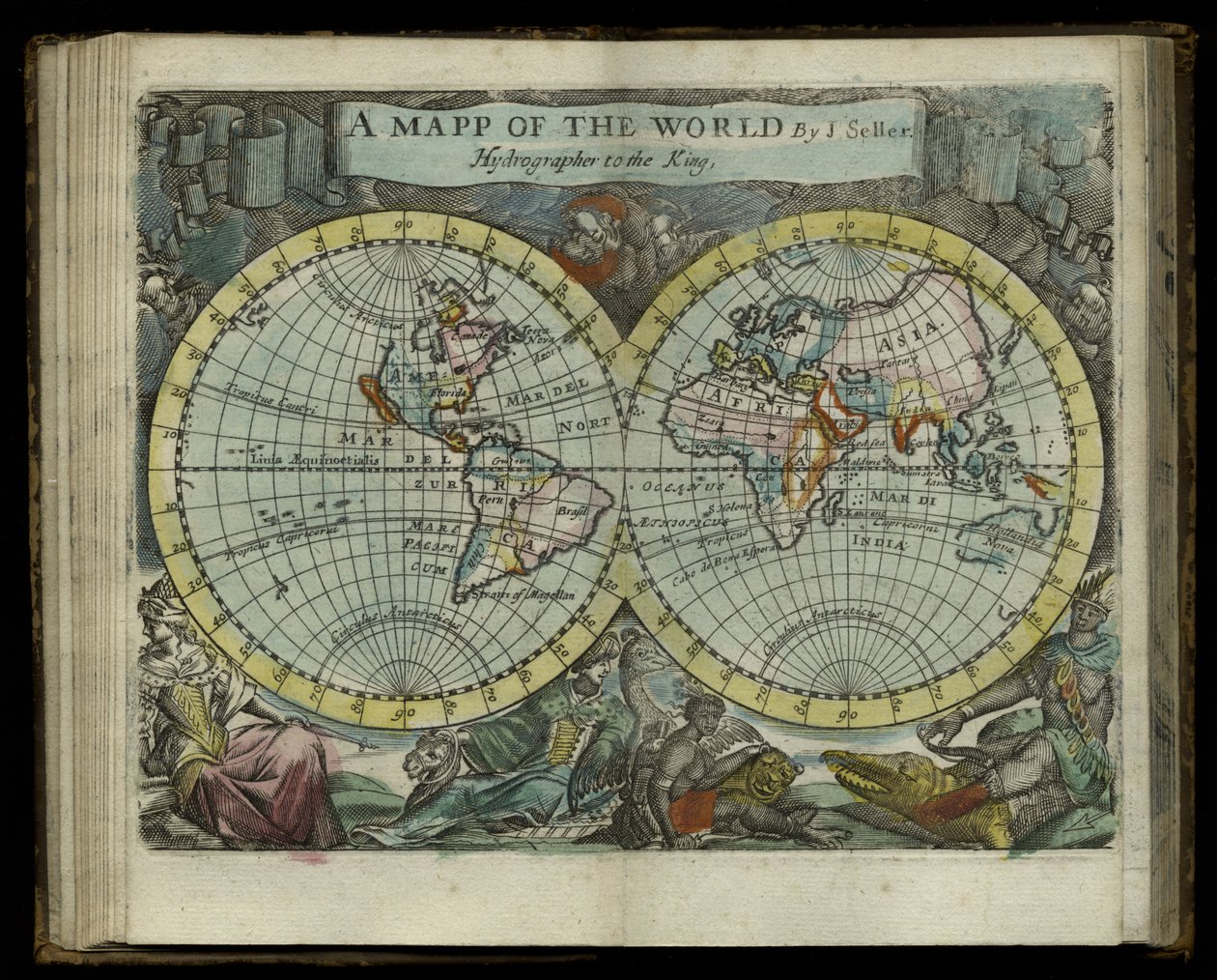 Maailmankartta Atlas maritimusesta, John Seller, 1682 (käsinvärinen kaiverrus) tekijältä John Seller