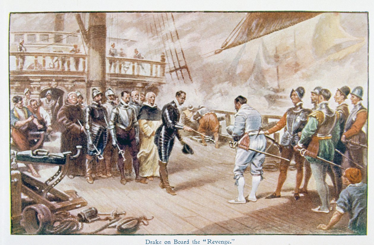Sir Francis Drake (n. 1540-1596) "Revenge"-aluksella, kuvitus kirjasta "Lives of Great Men Told by Great Men", toimittanut Richard Wilson, noin 1920-luku tekijältä John Seymour Lucas