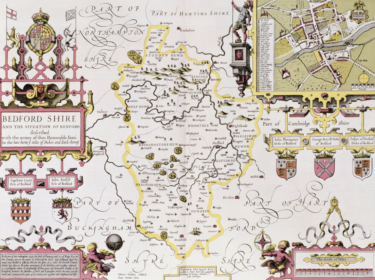 Bedfordshire at ang sitwasyon ng Bedford, na inukit ni Jodocus Hondius (1563-1612) mula sa 