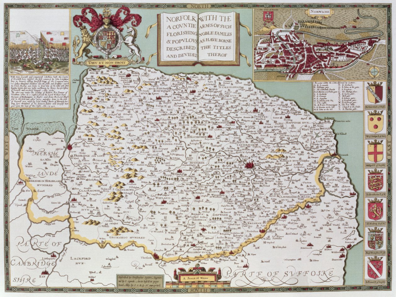 Norfolk, kaiverrettu Jodocus Hondius (1563-1612) John Speedin "Theatre of the Empire of Great Britain", pub. John Sudbury ja George Humble, 1611-12 (käsinvärjätty kuparikaiverrus) tekijältä John Speed