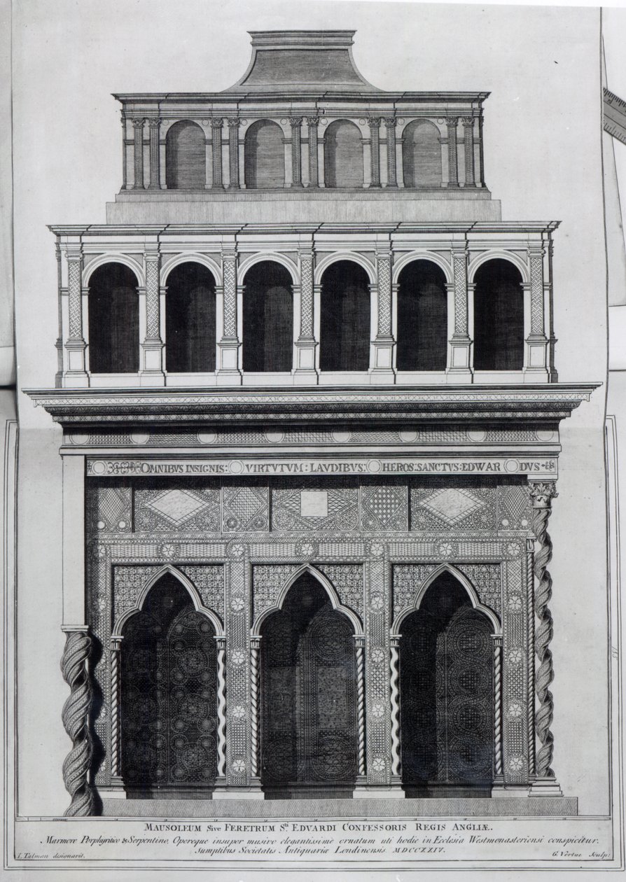 Kuningas Edward Tunnustajan pyhäkkö Westminster Abbeyssa, kaiverrettu George Vertue, 1724. tekijältä John Talman