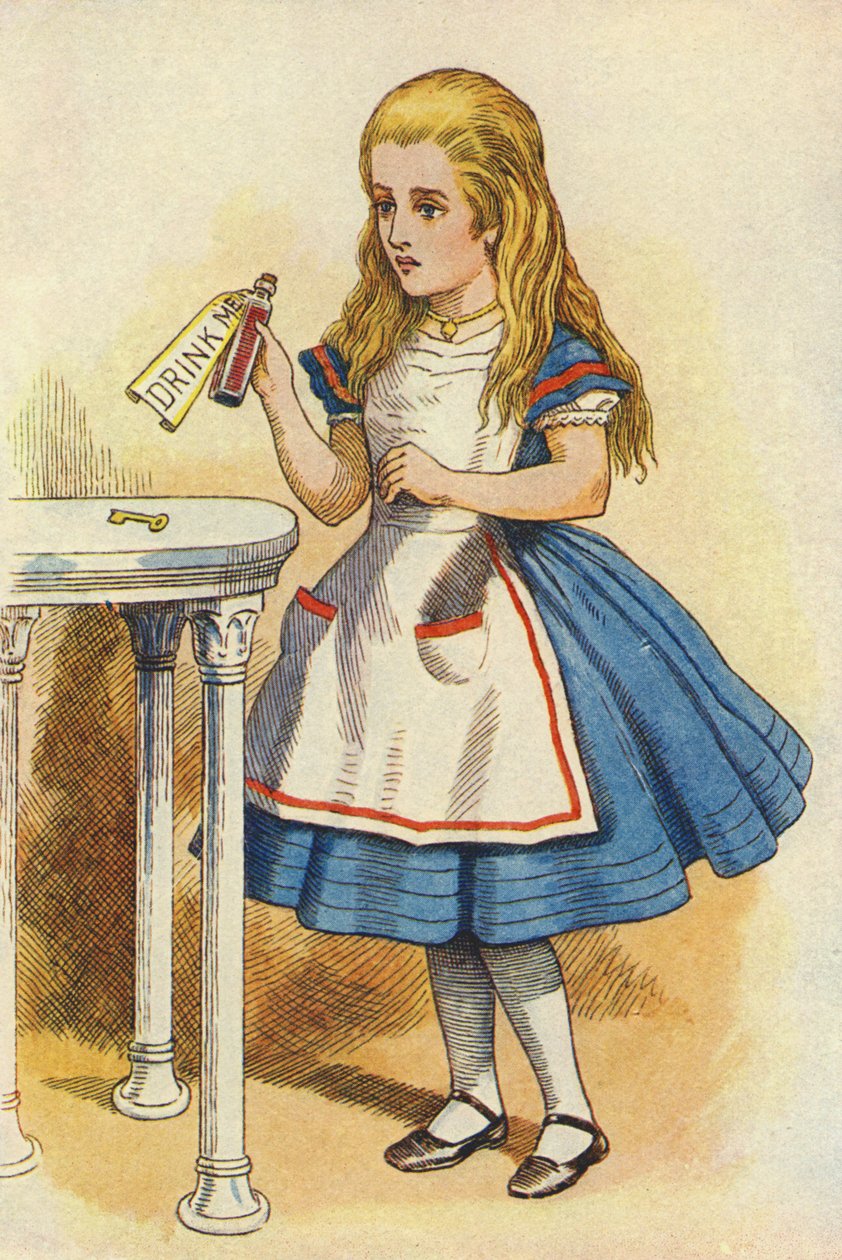 Alice löytää pullon, jossa on merkintä "Drink Me" (värikaiverrus) tekijältä John Tenniel