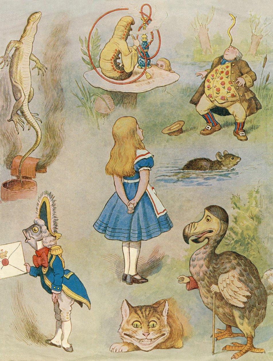 Liisa Ihmemaassa -hahmot (värikaiverrus) tekijältä John Tenniel