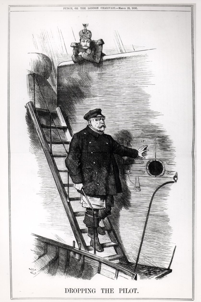 "Dropping the Pilot", karikatyyri Otto von Bismarckista (1815-98) ja Keisari Wilhelm II:sta (1859-1941) elokuvasta "Punch, or The London Charivari", 29. maaliskuuta 1890 tekijältä John Tenniel