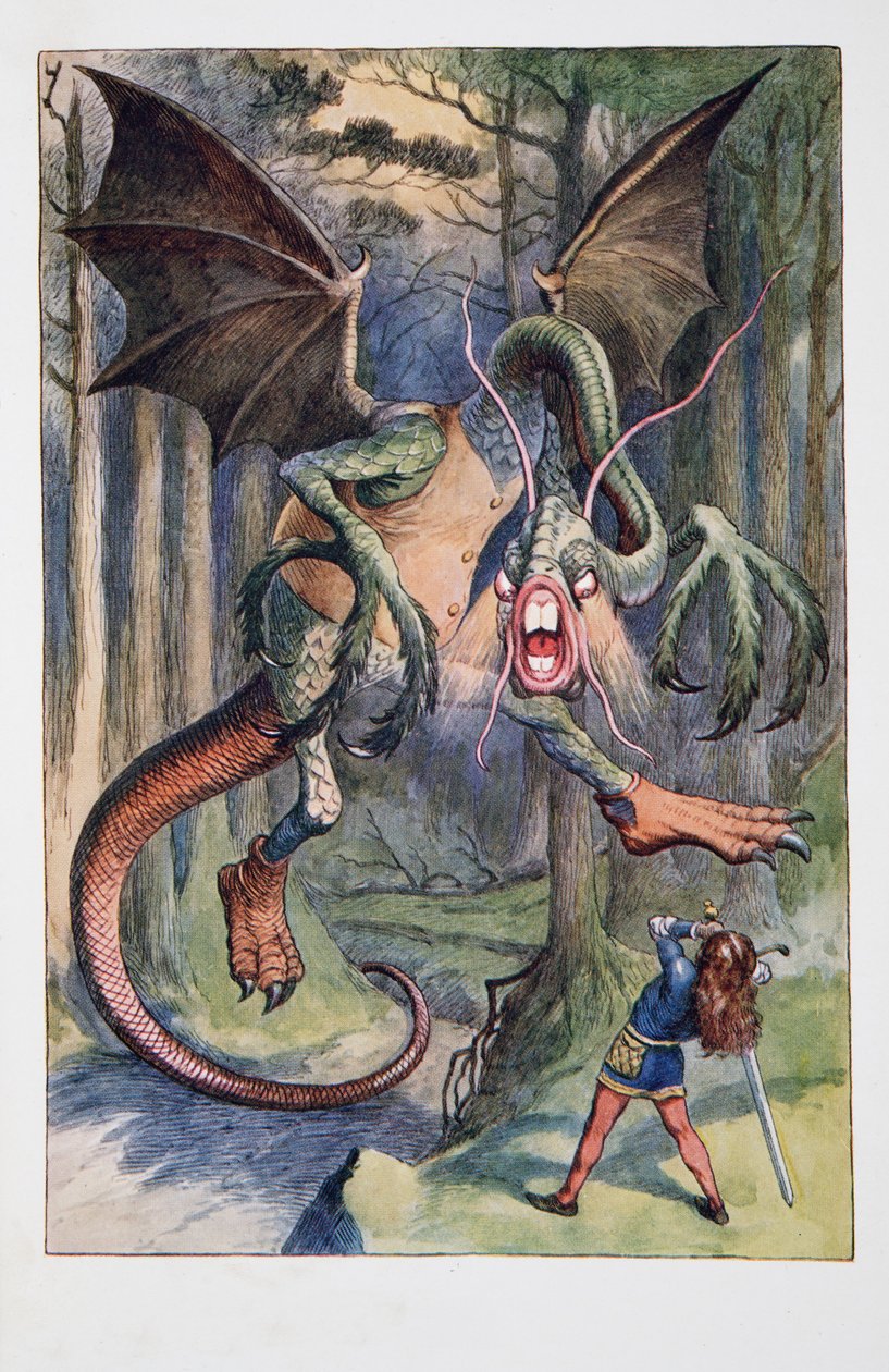 Jabberwock tuli liekin silmin tuulahtaen Tulgey Woodin läpi, Alices Adventures in Wonderland and Through the Glass and Through the Looking-Glass and Through the Looking-Glass and Through the Alice Finding, kirjoittanut Lewis Carroll (1832 - 98), publis tekijältä John Tenniel