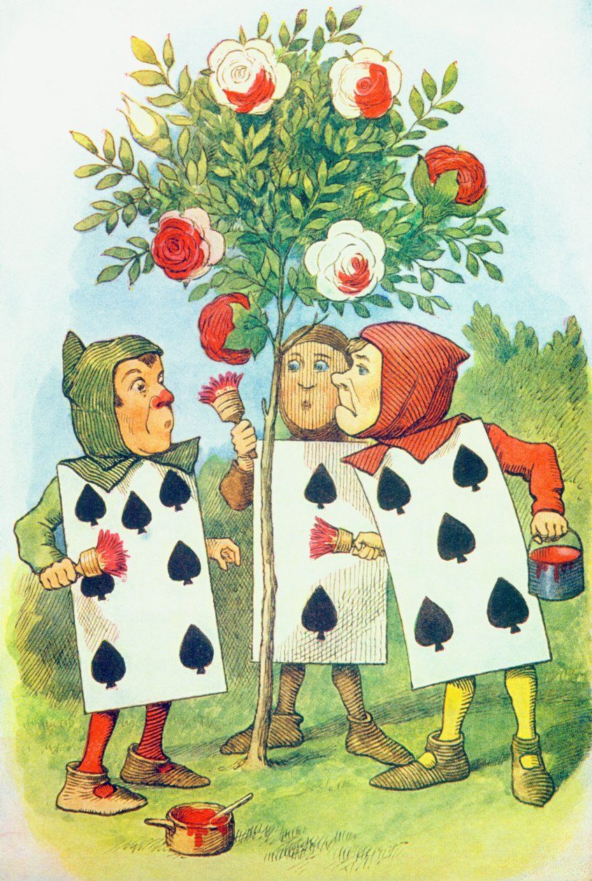 Pelikortit maalaamassa ruusupensaaa, kuvitus Lewis Carrollin (1832-9) Liisa ihmemaassa tekijältä John Tenniel