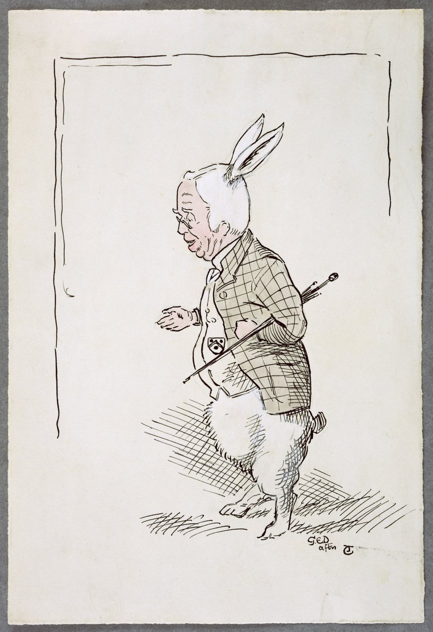 William Archibald Spooner (1844-1930) valkoisena kanina (kynä, muste ja wc paperilla) tekijältä John Tenniel