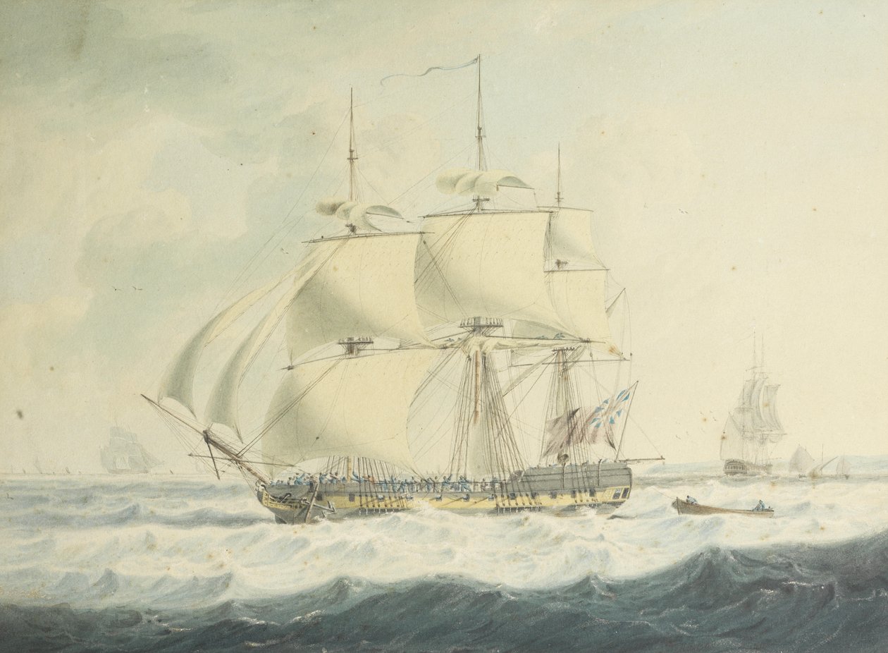 H.M.S. Tämä juoksee kanaalin varrella pienemmällä purjeella hämärissä olosuhteissa, ja muut kuljetukset ovat lähellä tekijältä John Thomas Serres