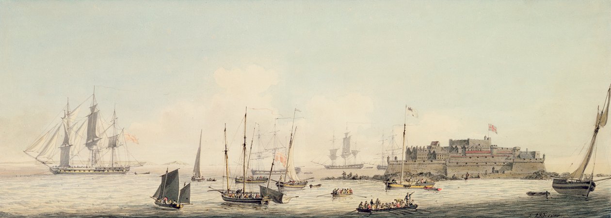 Näkymä Castle Cornet, Guernsey, toimitus, n. 1800 (wc kynällä ja mustalla musteella grafiitin päällä paperilla) tekijältä John Thomas Serres