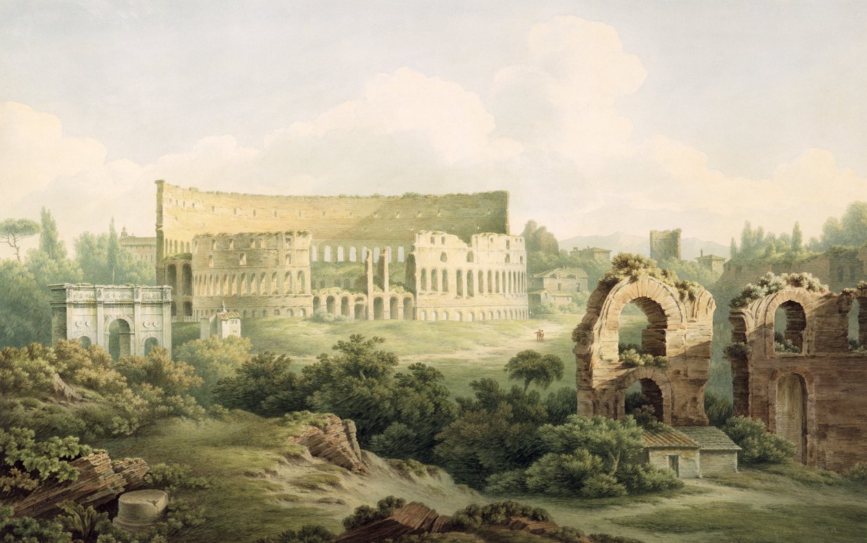 Colosseum, Rooma, 1802 (wc grafiitin päällä kudottupaperilla) tekijältä John Warwick Smith