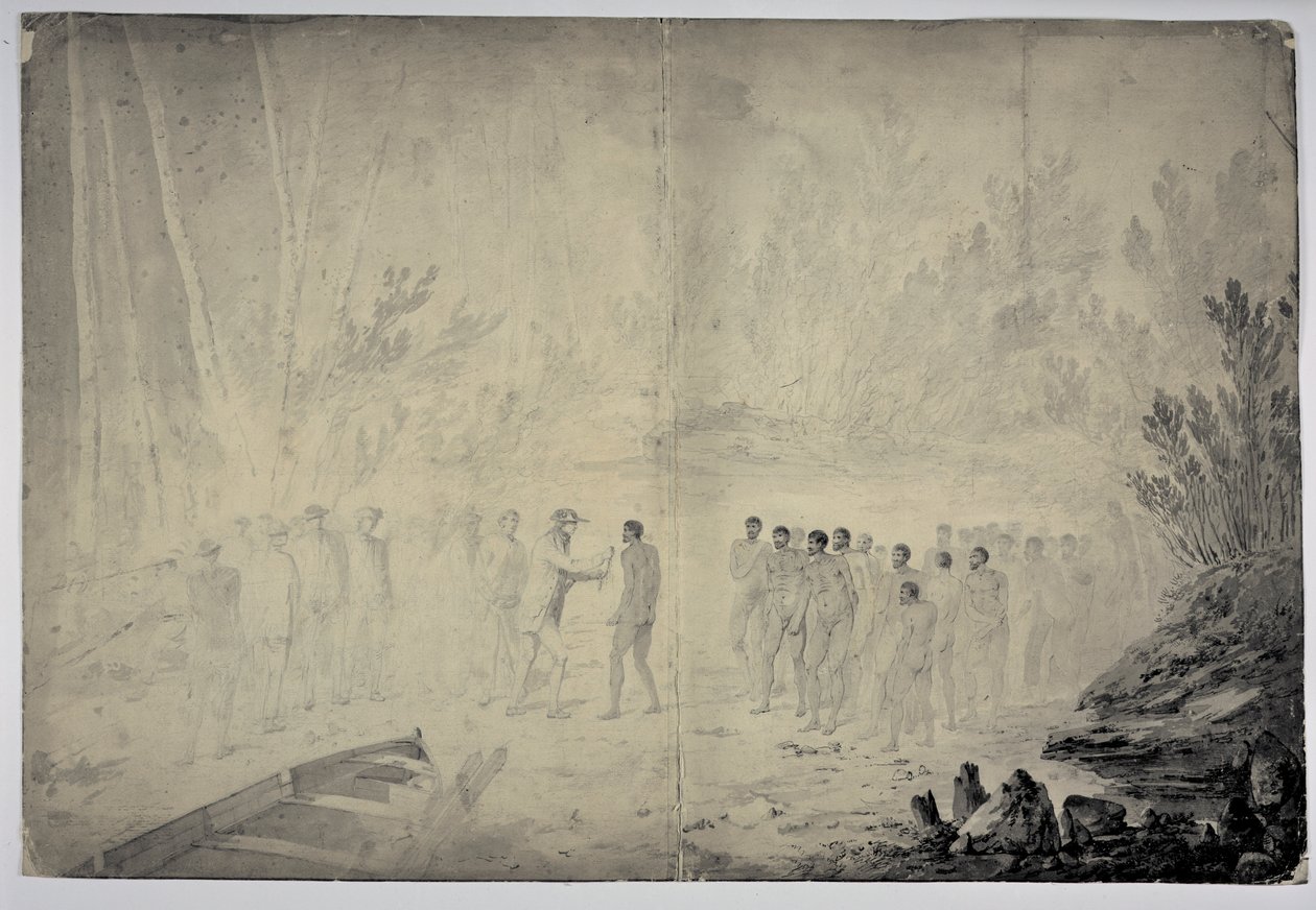 Kapteeni Cookin haastattelu alkuperäisasukkaiden kanssa Adventure Bayssä, Van Diemenin osavaltiossa, 29. tammikuuta 1777, n. 1777 (kynä ja muste ja harmaa pesu paperilla) tekijältä John Webber