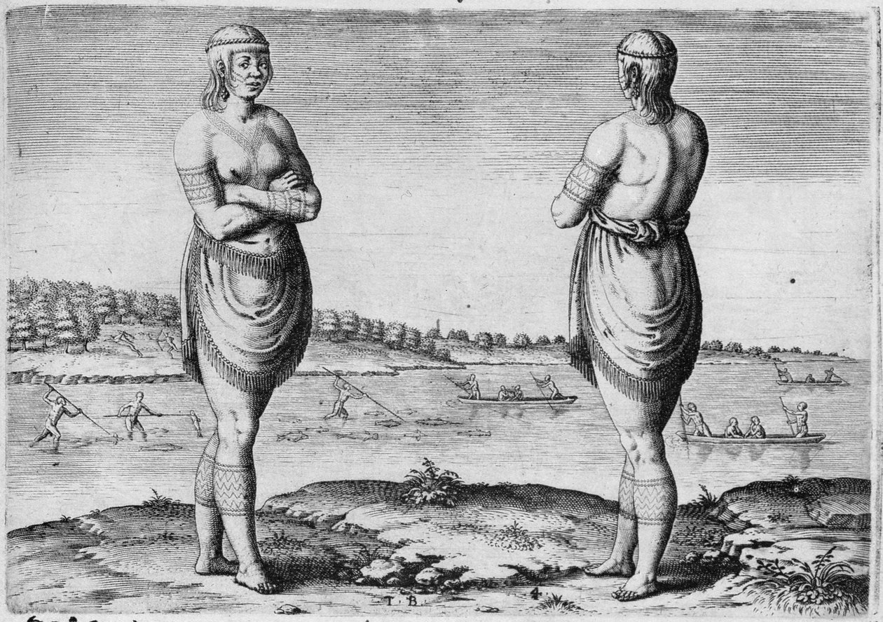 Intialainen nainen Secotonista, kaiverrus Theodor de Bry (1528-1598) tekijältä John White