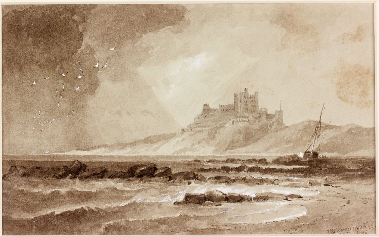 Bamburghin linna pohjoisesta (muste (seepia) paperilla) tekijältä John Wilson Carmichael