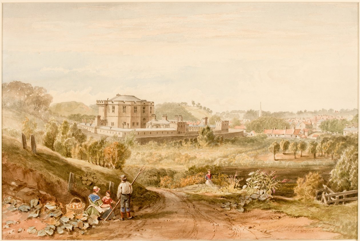 Morpeth Gaol, Northumberland (kynä ja akvarelli paperille (liimattu kortille)) tekijältä John Wilson Carmichael
