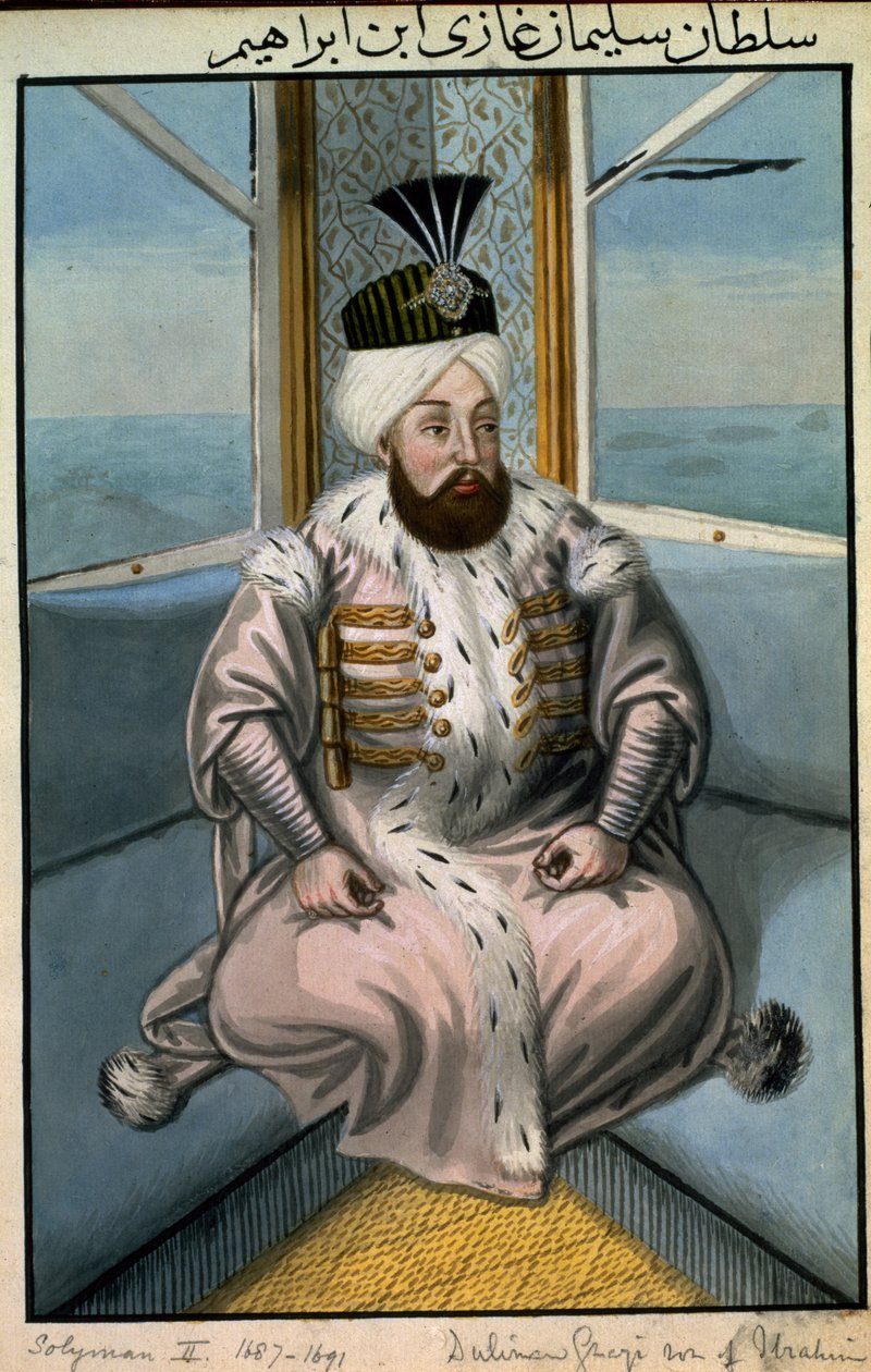 Solyman II (1642-91) sulttaani 1687-91, teoksesta "A Series of Portraits of the Emperors of Turkey", 1808. tekijältä John Young