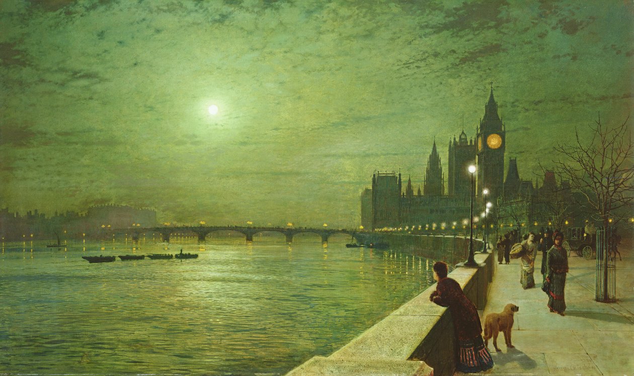 Valon heijastuksia Thamesilla Westminsterissä tekijältä John Atkinson Grimshaw