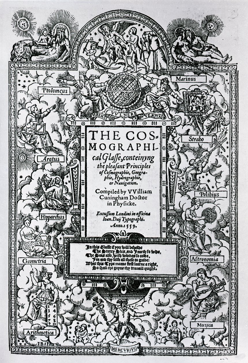 The Cosmographical Glassin otsikkosivu, 1559 tekijältä John Bettes