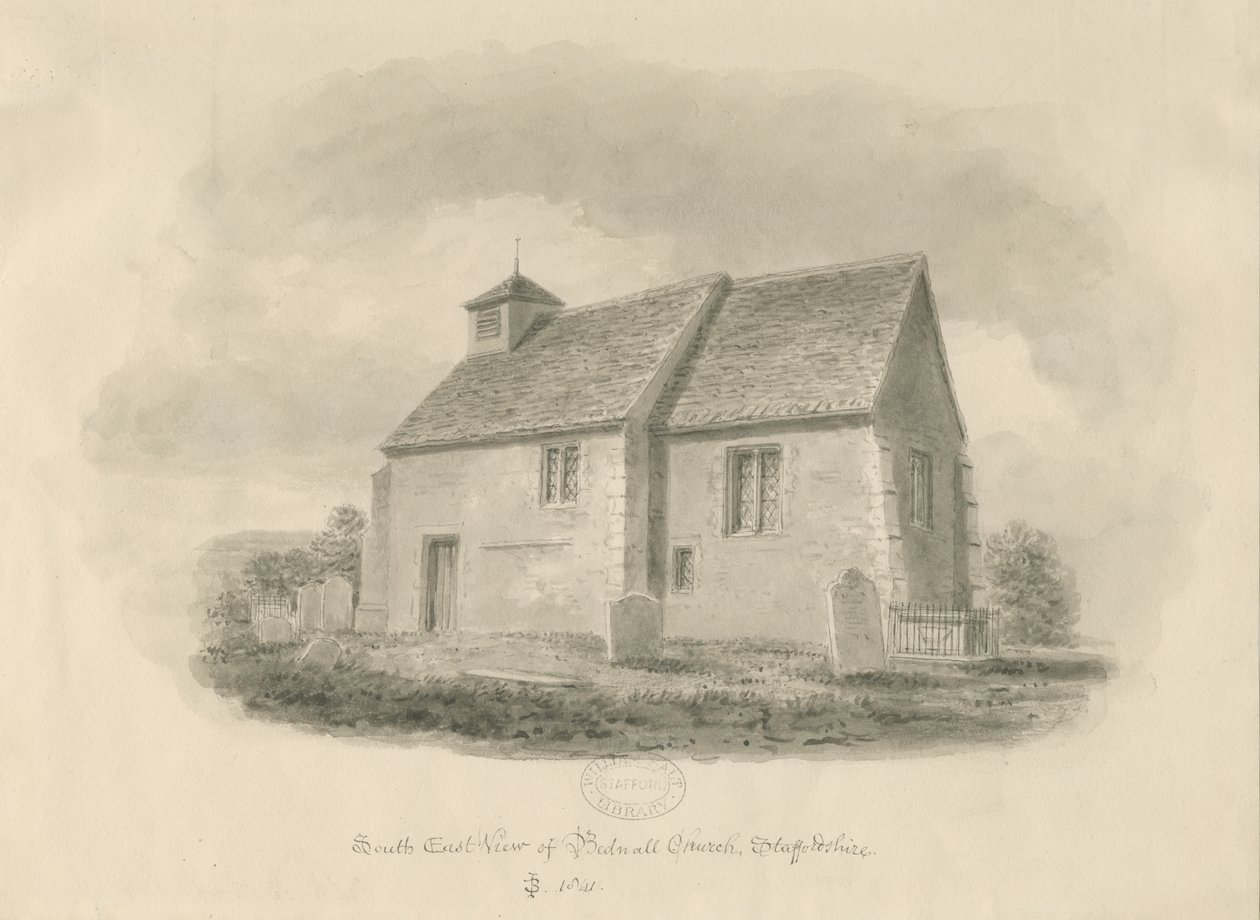 Bednallin kirkko: seepiapiirros, 1841 tekijältä John Buckler