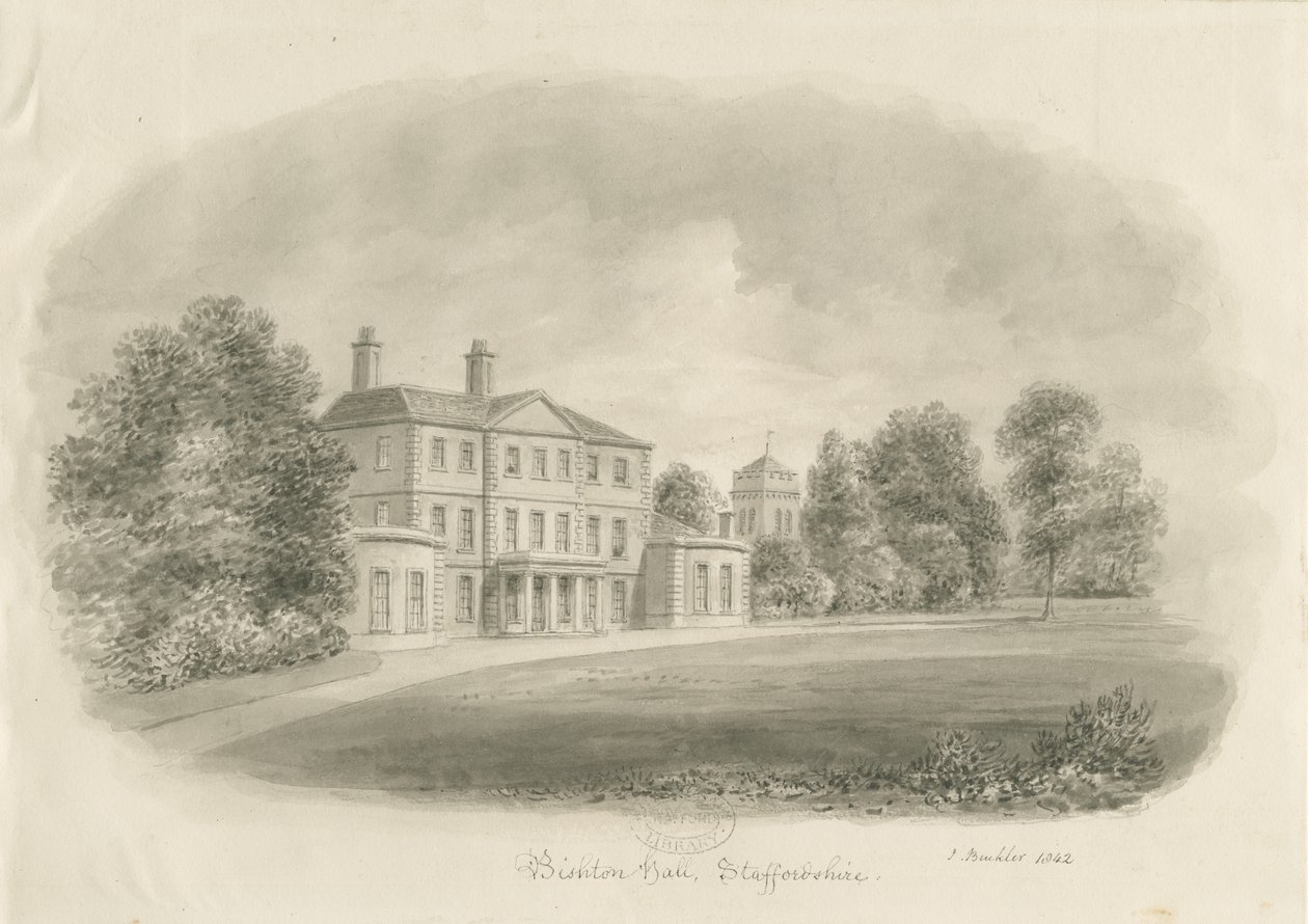 Bishton Hall: seepiapiirustus tekijältä John Buckler