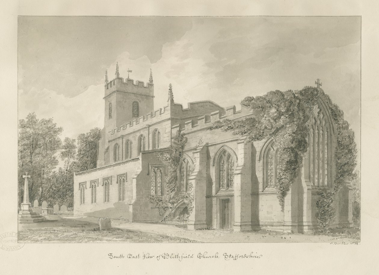 Blithfield Church: seepiapiirustus tekijältä John Buckler