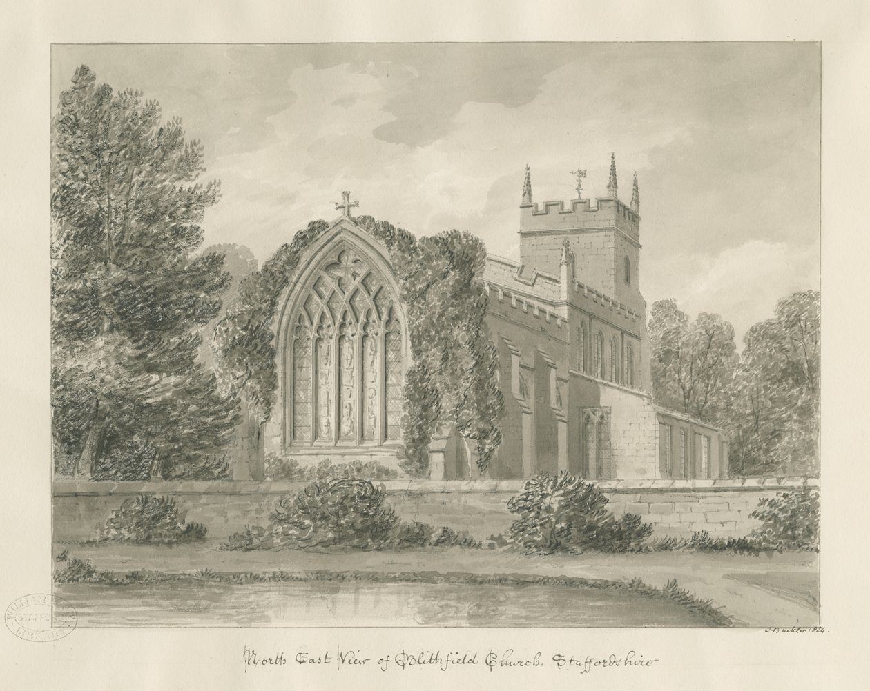 Blithfield Church: seepiapiirustus tekijältä John Buckler