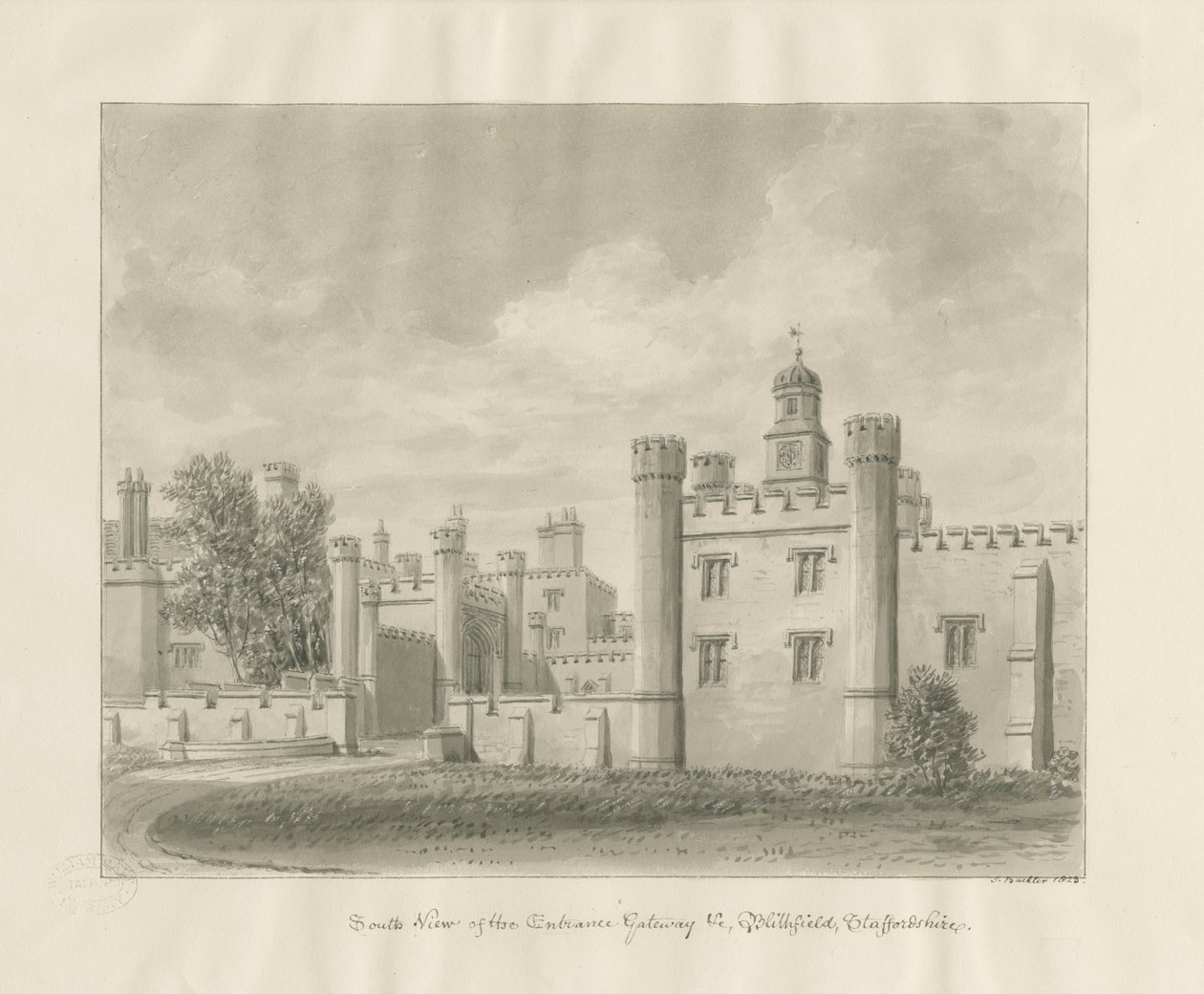 Blithfield Hall: seepiapiirustus tekijältä John Buckler