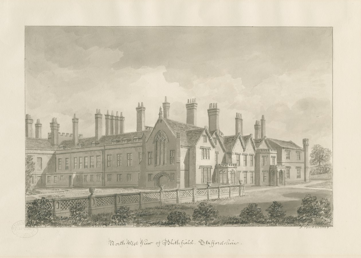 Blithfield Hall: seepiapiirustus tekijältä John Buckler