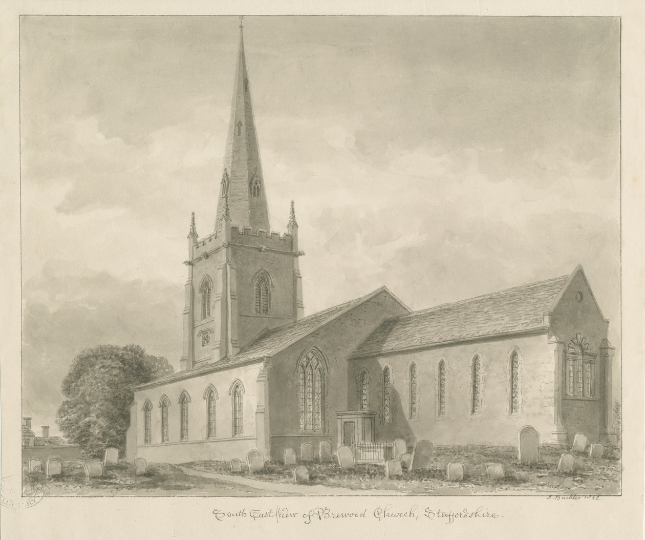 Brewood Church: seepiapiirustus tekijältä John Buckler