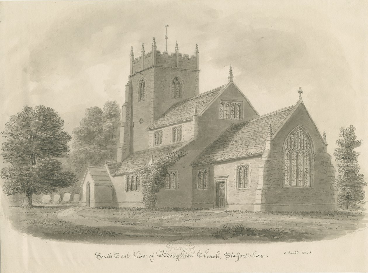 Broughton Church: seepiapiirros, 1843 tekijältä John Buckler