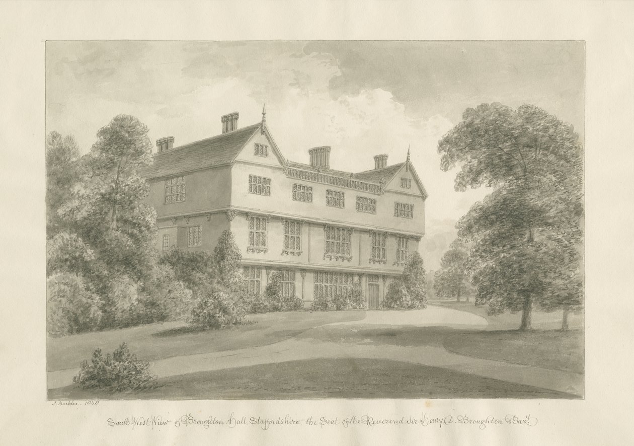 Broughton Hall: seepiapiirustus, 1848 tekijältä John Buckler